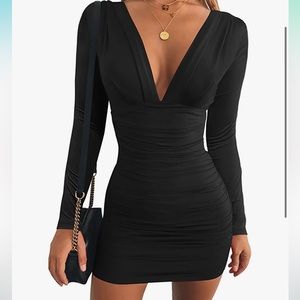 Long-sleeve V Neck Black Cocktail Dress